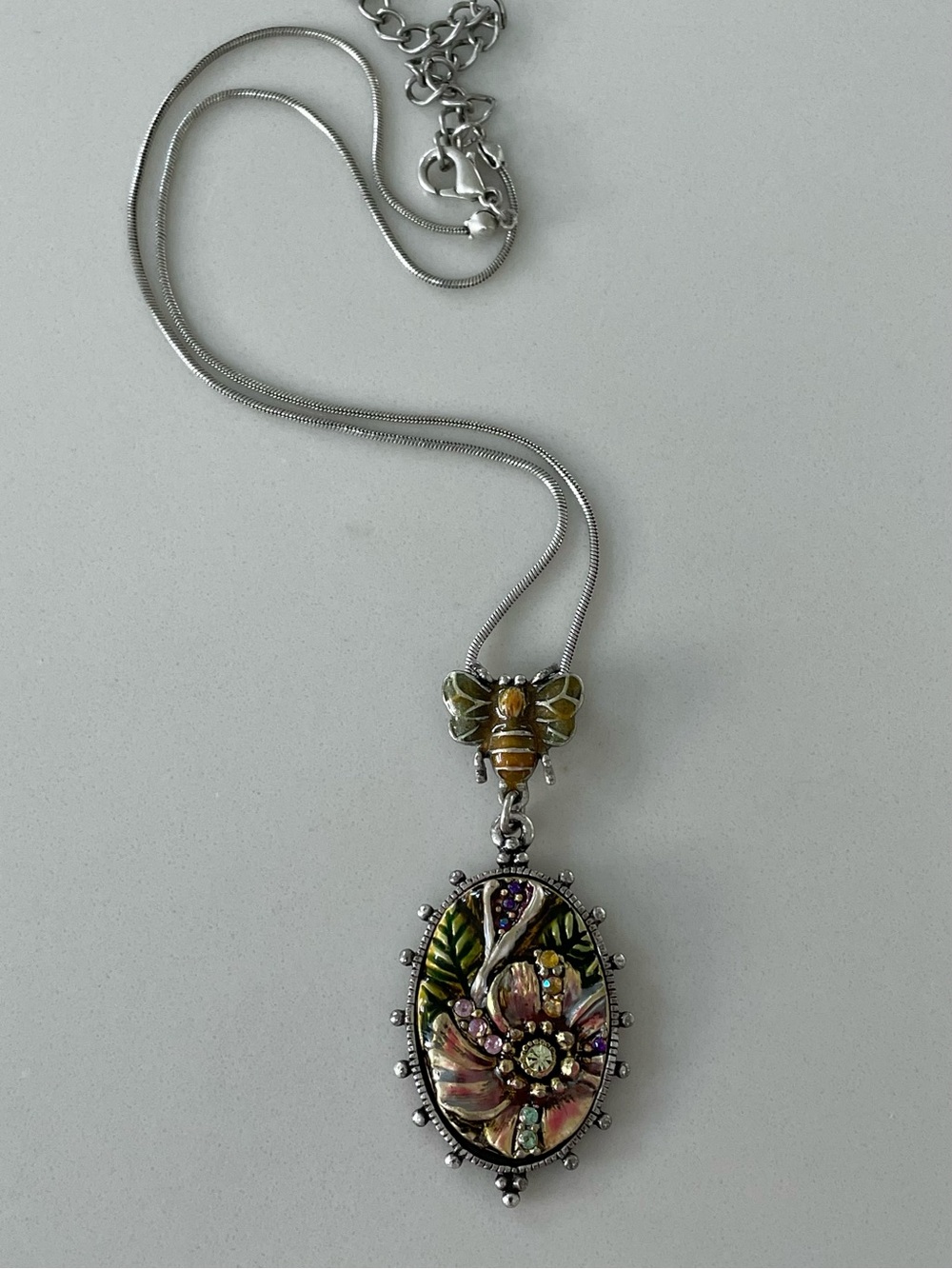 Vintage Colorful Enamel Flower and Bee Pendant Necklace